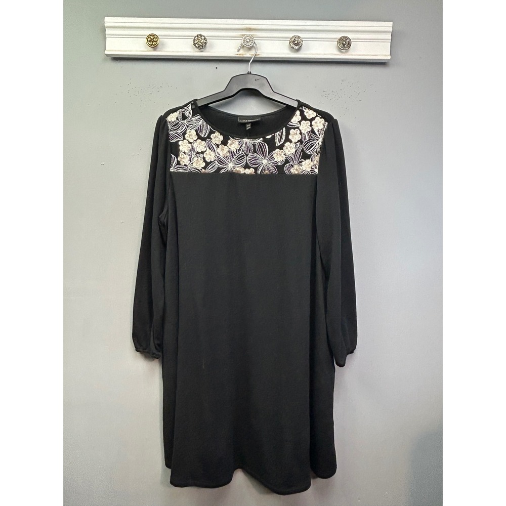 Lane Bryant Dress Women 18/20 Black Floral Sequin Embroidered Yoke Pockets Shift